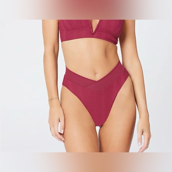 L*Space Womens Pointelle Rib Court Bikini Bottom in poppy orange/red - Picture 4 of 7